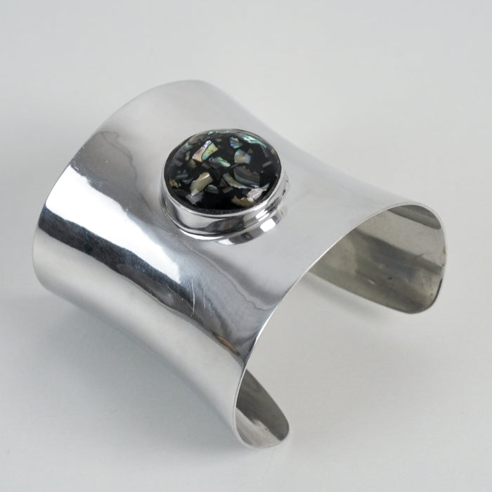 Vintage Silver-Tone Abalone Inlay Statement Cuff Bracelet