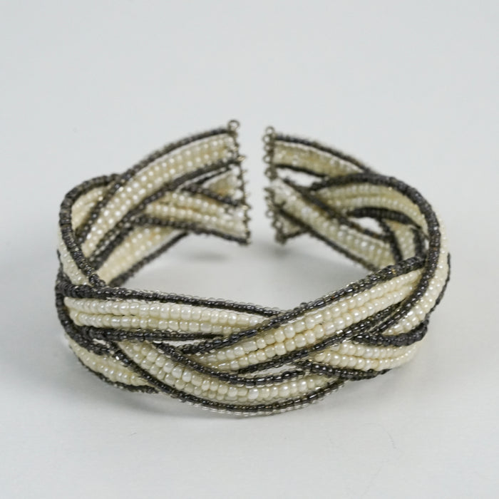 Vintage Ivory & Gunmetal Beaded Multi-Strand Cuff Bracelet