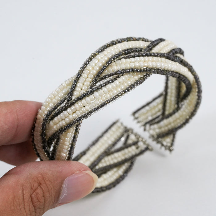 Vintage Ivory & Gunmetal Beaded Multi-Strand Cuff Bracelet