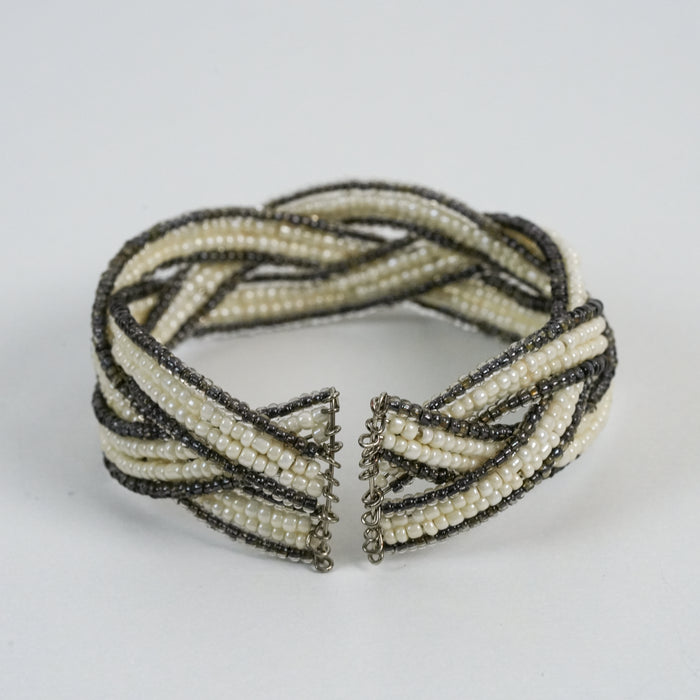 Vintage Ivory & Gunmetal Beaded Multi-Strand Cuff Bracelet