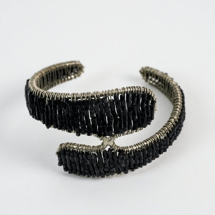 Vintage Black Beaded Wire-Wrapped Statement Cuff Bracelet