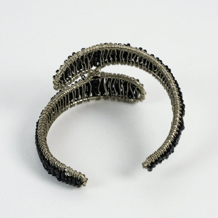 Vintage Black Beaded Wire-Wrapped Statement Cuff Bracelet
