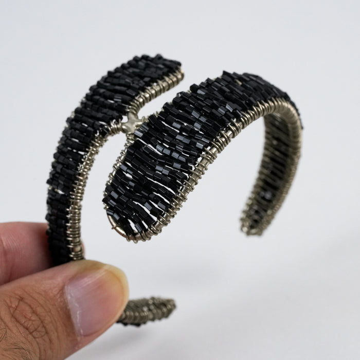Vintage Black Beaded Wire-Wrapped Statement Cuff Bracelet