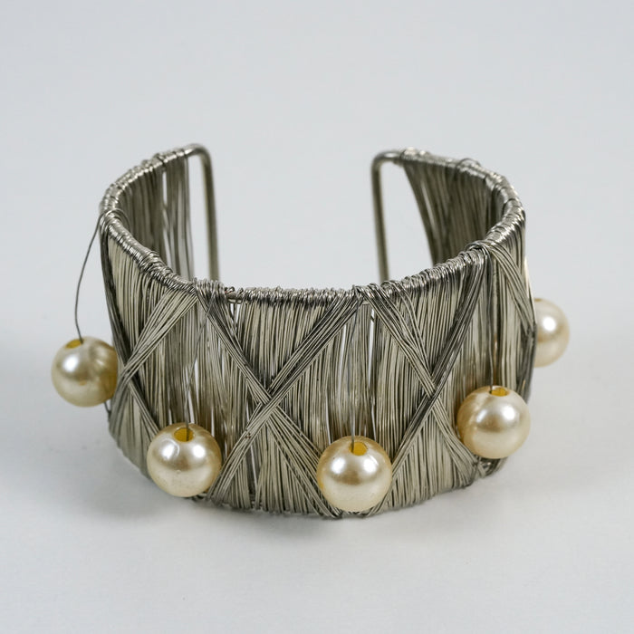 Vintage Silver Wire-Wrapped Pearl Statement Cuff Bracelet