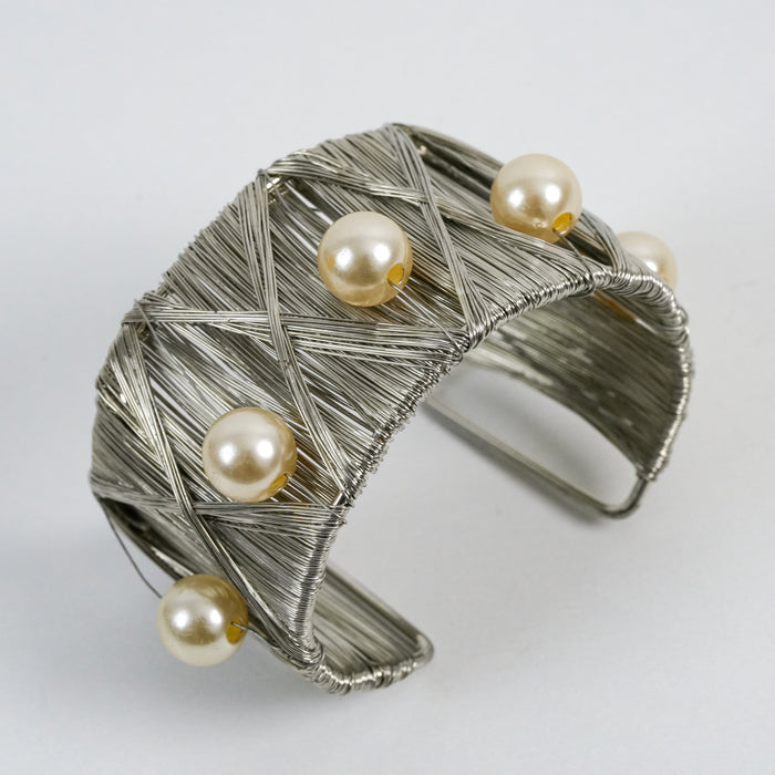 Vintage Silver Wire-Wrapped Pearl Statement Cuff Bracelet