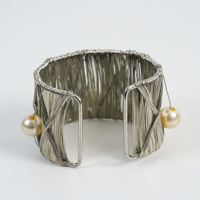 Vintage Silver Wire-Wrapped Pearl Statement Cuff Bracelet