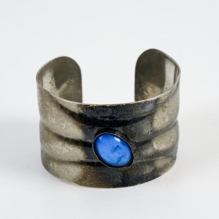 Vintage Oxidized Silver Cuff Bracelet with Blue Cabochon