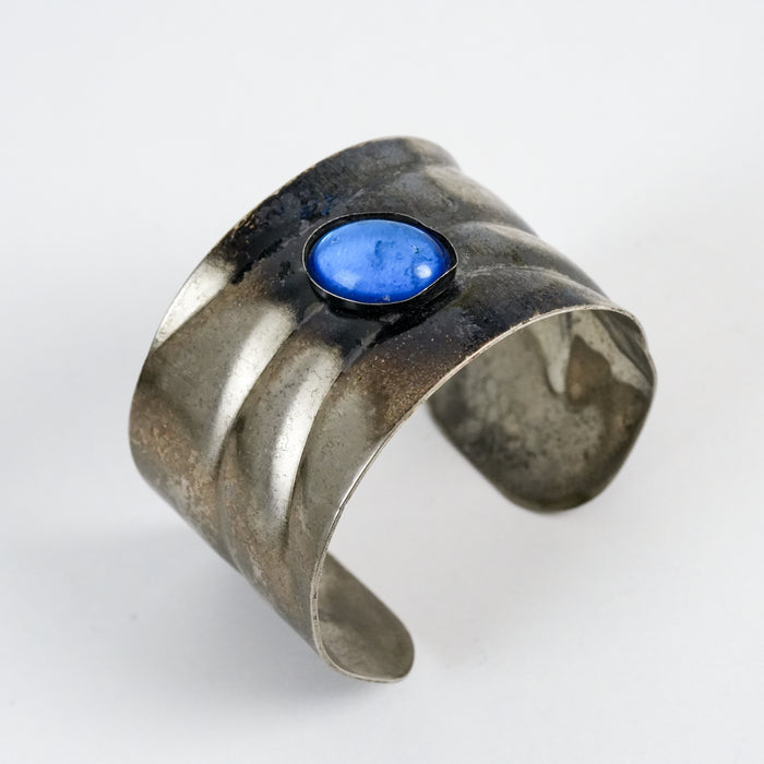 Vintage Oxidized Silver Cuff Bracelet with Blue Cabochon