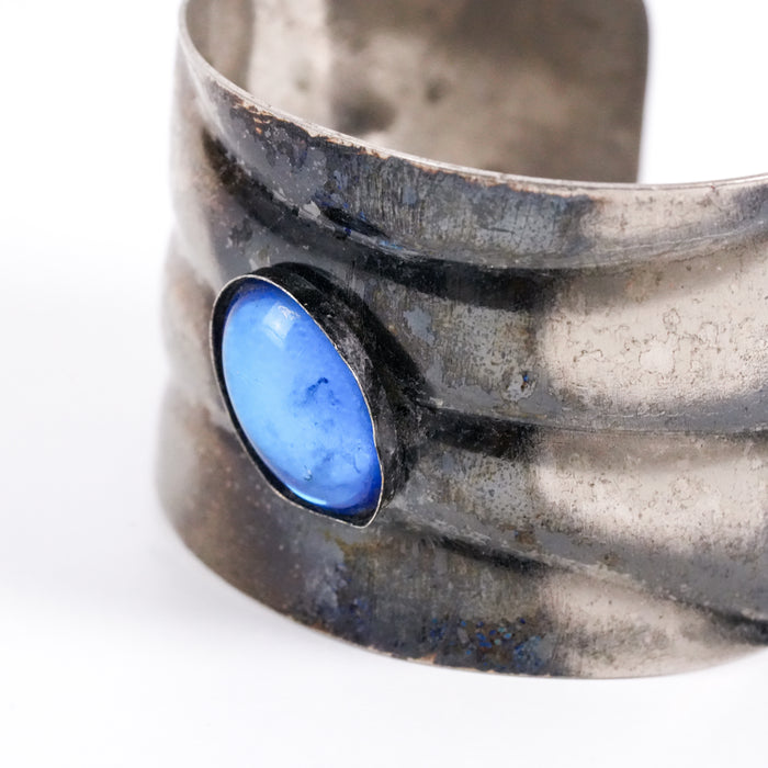 Vintage Oxidized Silver Cuff Bracelet with Blue Cabochon