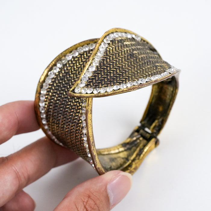 Vintage Gold-Tone Woven Cuff Bracelet with Crystal Accents