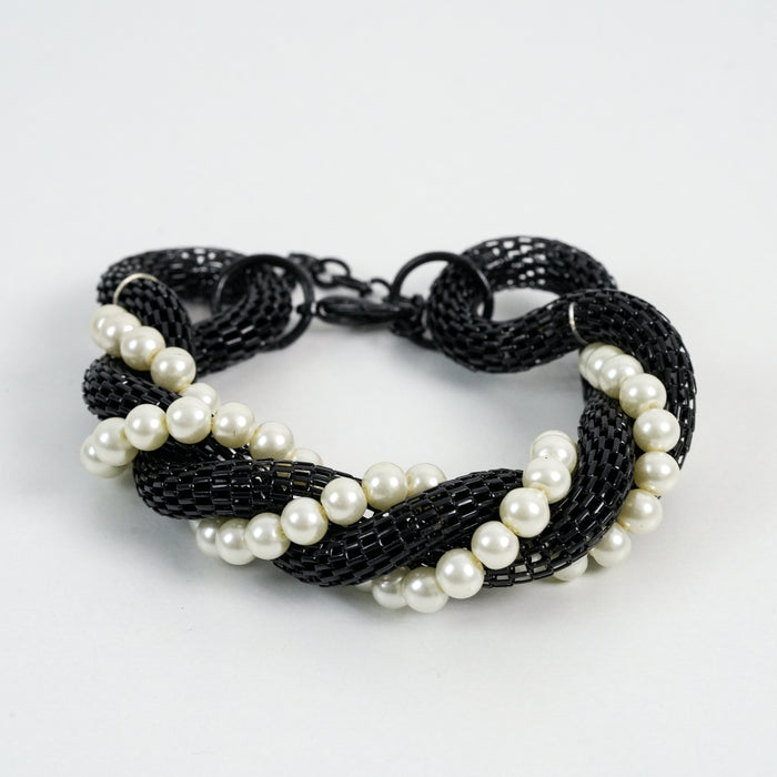 Vintage Black Beaded Chain Bracelet with Faux Pearl Accents