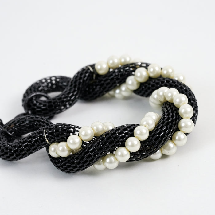 Vintage Black Beaded Chain Bracelet with Faux Pearl Accents