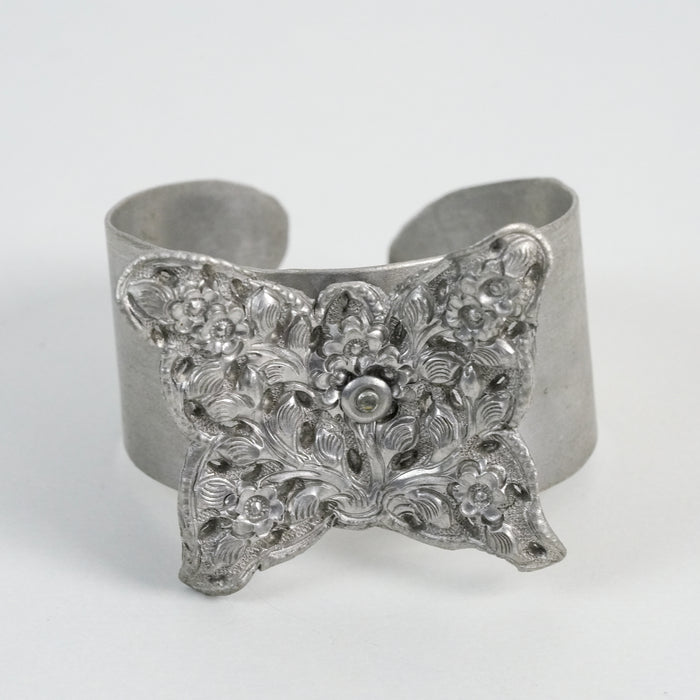 Vintage Silver Butterfly Floral Statement Cuff Bracelet