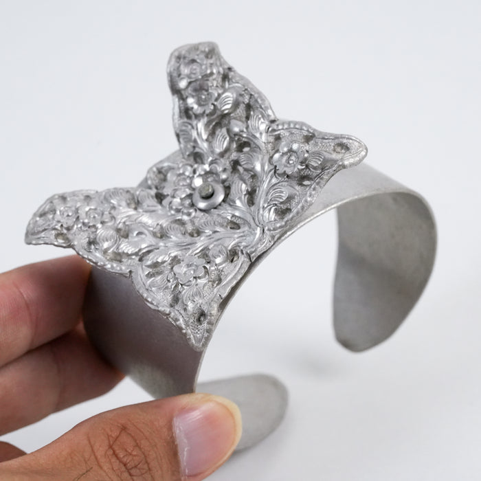 Vintage Silver Butterfly Floral Statement Cuff Bracelet
