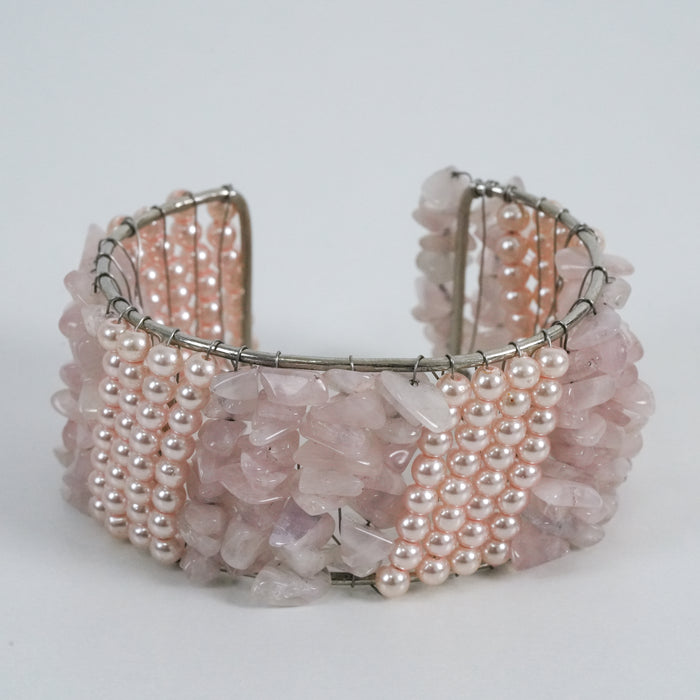 Vintage Silver Rose Quartz Pearl Layered Statement Cuff Bracelet