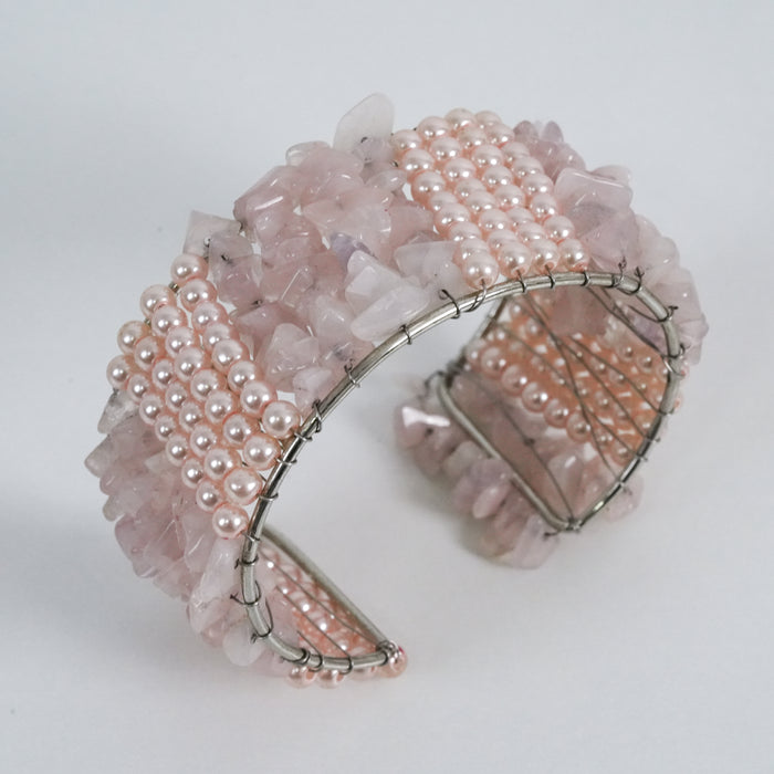 Vintage Silver Rose Quartz Pearl Layered Statement Cuff Bracelet