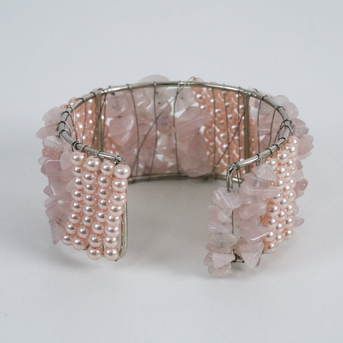 Vintage Silver Rose Quartz Pearl Layered Statement Cuff Bracelet