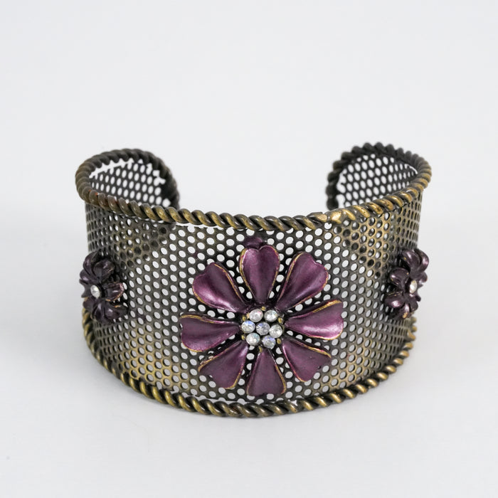 Vintage Copper-Tone Purple Floral Mesh Statement Cuff Bracelet