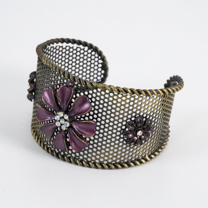 Vintage Copper-Tone Purple Floral Mesh Statement Cuff Bracelet