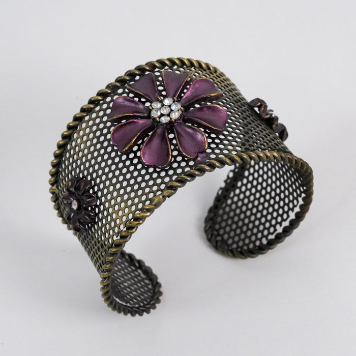 Vintage Copper-Tone Purple Floral Mesh Statement Cuff Bracelet