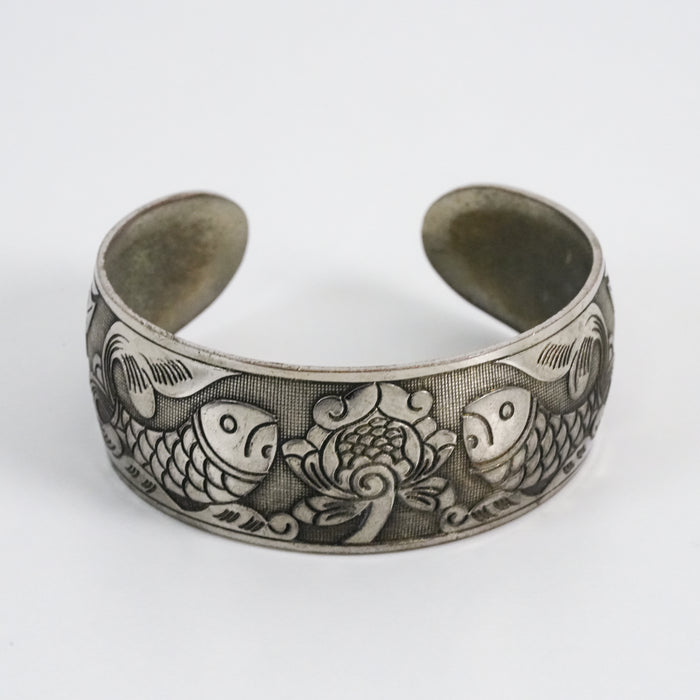 Vintage S925 Silver Tone Koi Fish Floral Engraved Cuff Bracelet