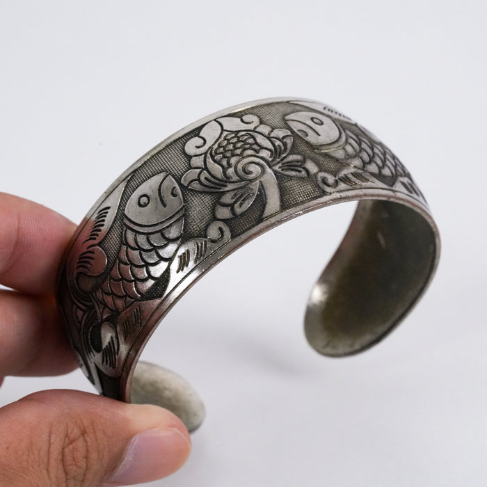 Vintage S925 Silver Tone Koi Fish Floral Engraved Cuff Bracelet