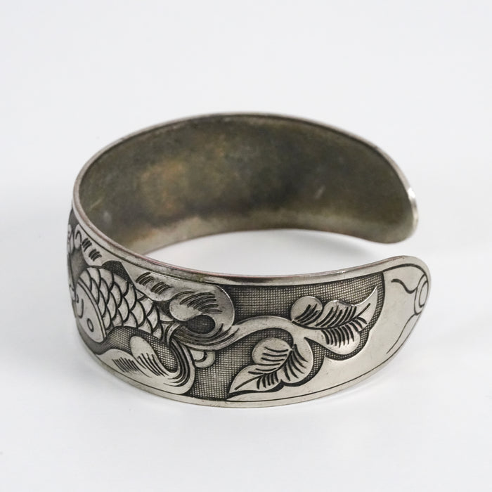 Vintage S925 Silver Tone Koi Fish Floral Engraved Cuff Bracelet