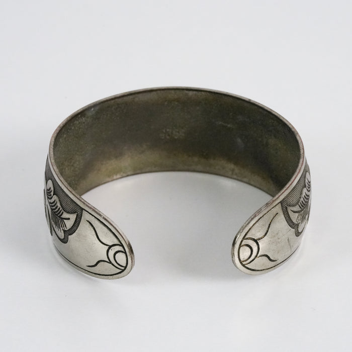 Vintage S925 Silver Tone Koi Fish Floral Engraved Cuff Bracelet
