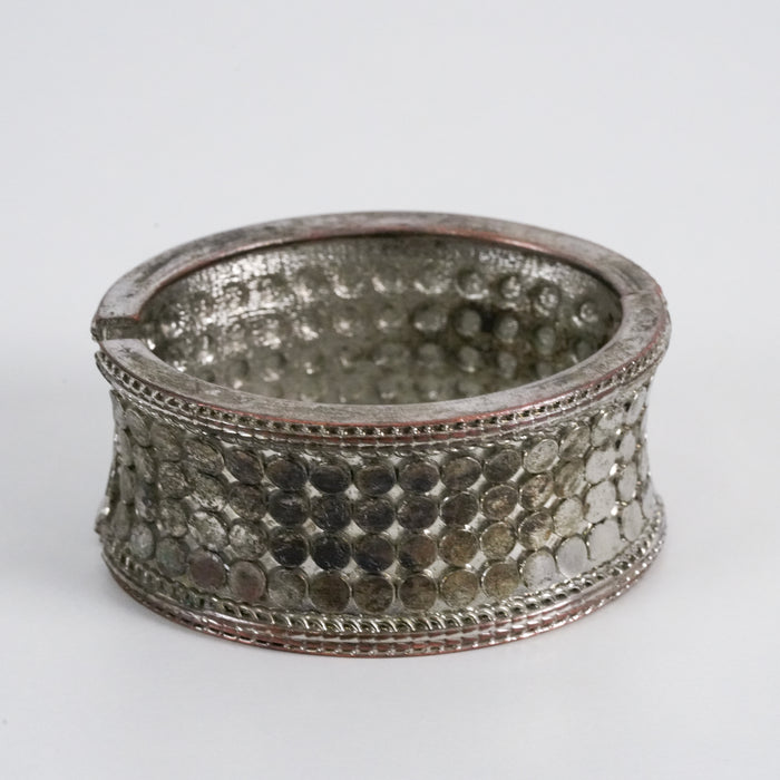 Vintage Silver-Tone Textured Disc Wide Cuff Bracelet