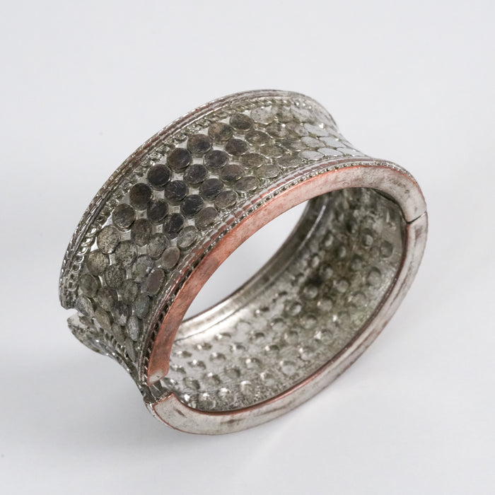 Vintage Silver-Tone Textured Disc Wide Cuff Bracelet