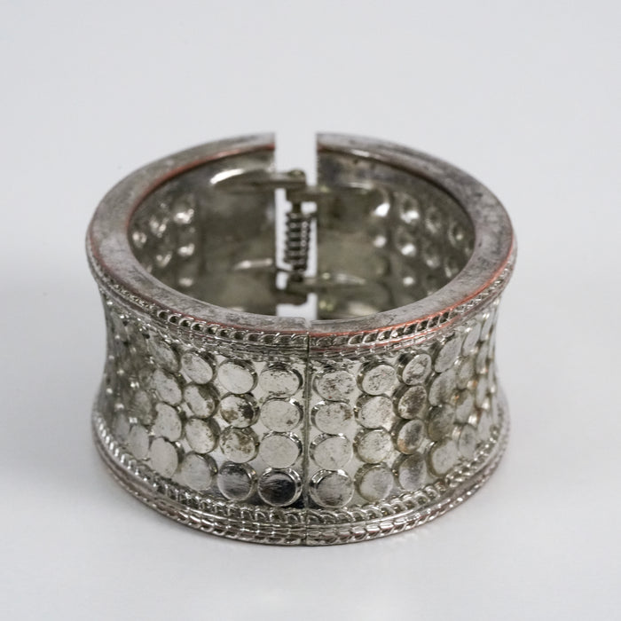 Vintage Silver-Tone Textured Disc Wide Cuff Bracelet