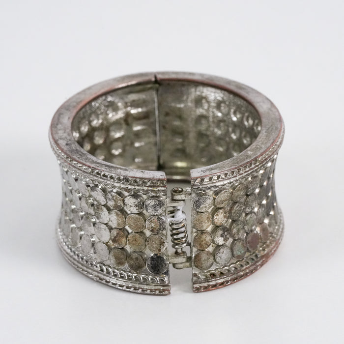 Vintage Silver-Tone Textured Disc Wide Cuff Bracelet