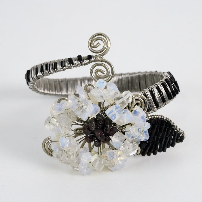 Vintage Silver Wire-Wrapped Stone Floral Statement Cuff Bracelet