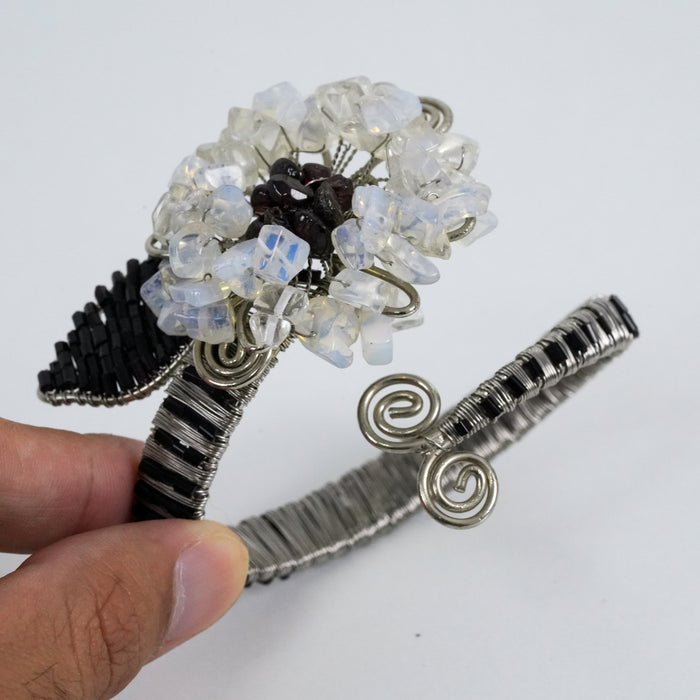 Vintage Silver Wire-Wrapped Stone Floral Statement Cuff Bracelet