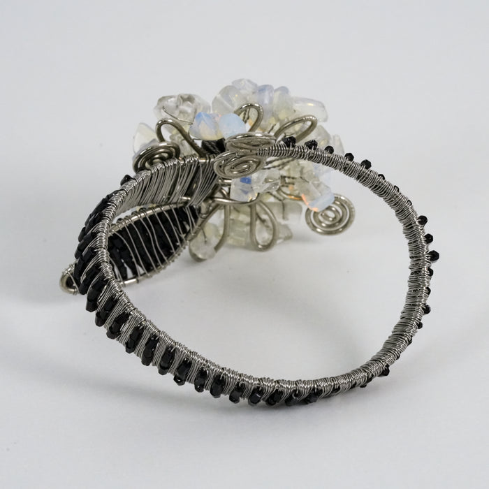 Vintage Silver Wire-Wrapped Stone Floral Statement Cuff Bracelet