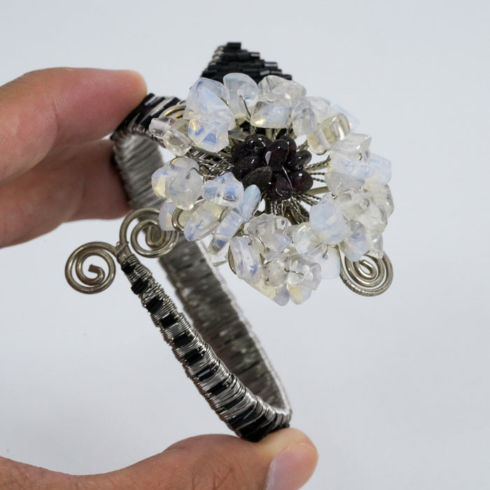 Vintage Silver Wire-Wrapped Stone Floral Statement Cuff Bracelet