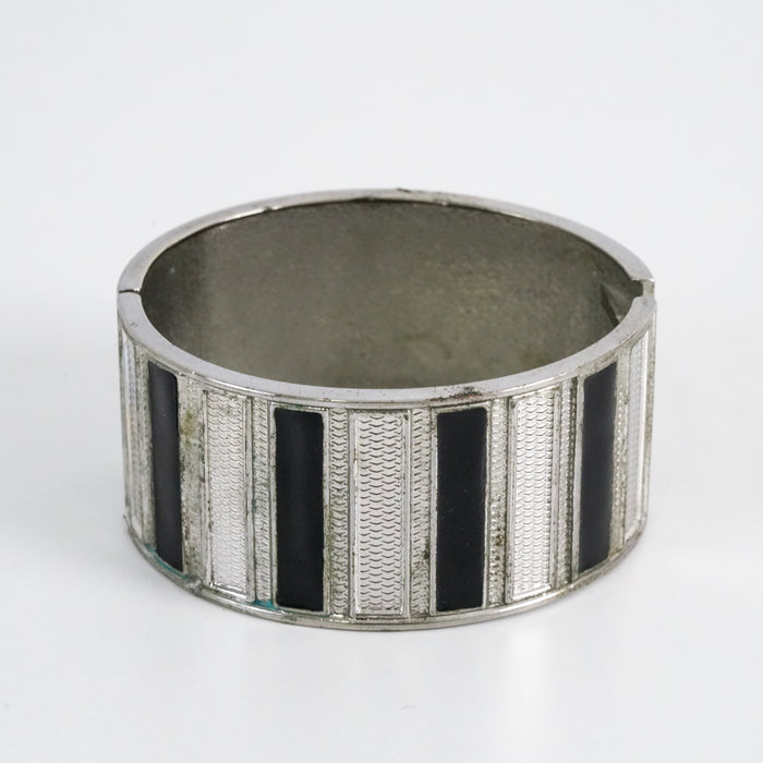 Vintage Silver-Tone Black Enamel Geometric Statement Cuff Bracelet