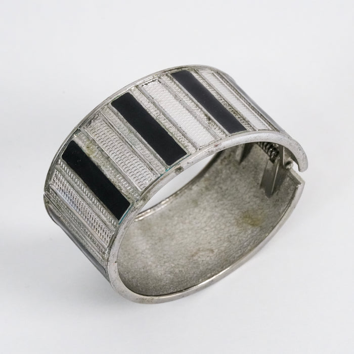 Vintage Silver-Tone Black Enamel Geometric Statement Cuff Bracelet