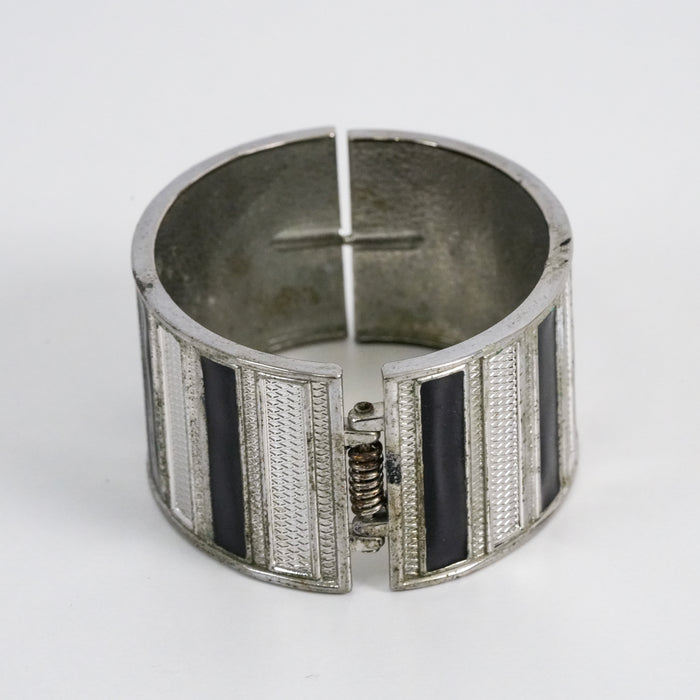 Vintage Silver-Tone Black Enamel Geometric Statement Cuff Bracelet