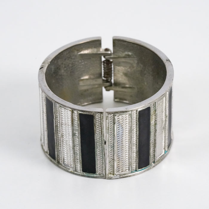 Vintage Silver-Tone Black Enamel Geometric Statement Cuff Bracelet