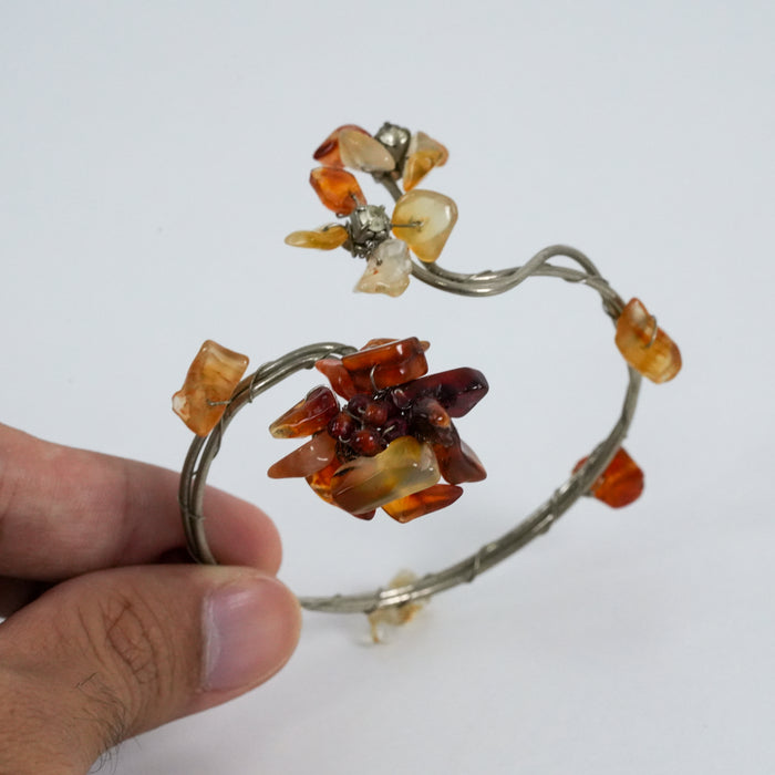 Vintage Silver Wire-Wrapped Stone Floral Statement Cuff Bracelet