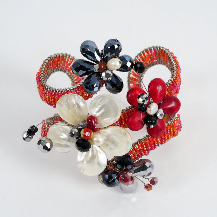 Vintage Beaded Wire-Wrapped Pearl Floral Statement Cuff Bracelet