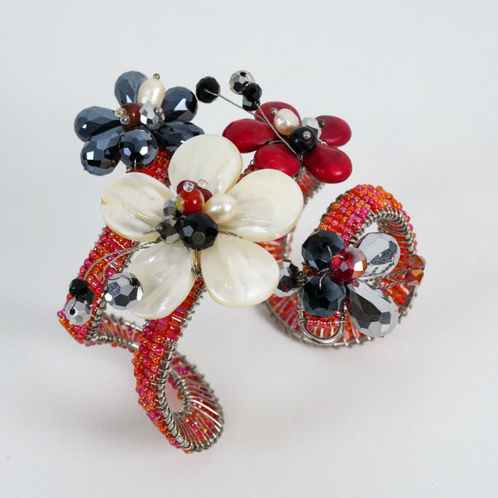 Vintage Beaded Wire-Wrapped Pearl Floral Statement Cuff Bracelet