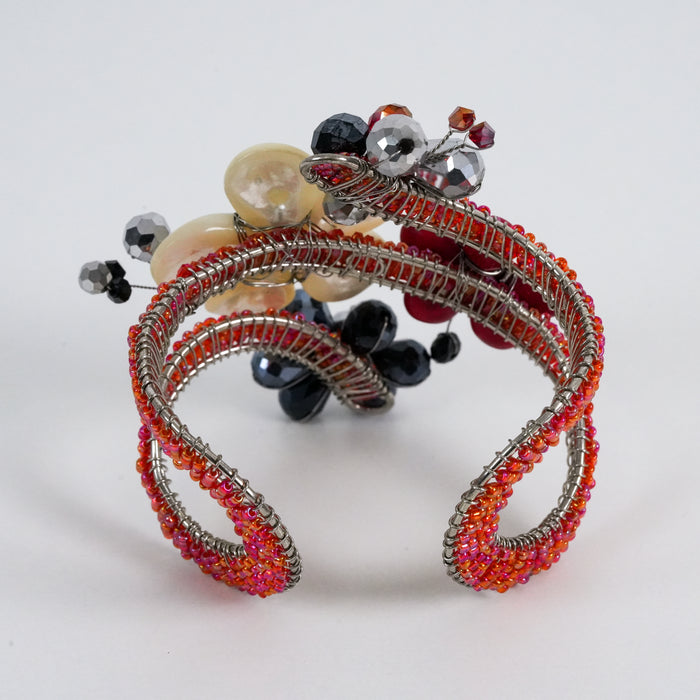 Vintage Beaded Wire-Wrapped Pearl Floral Statement Cuff Bracelet