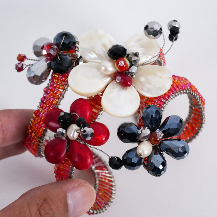Vintage Beaded Wire-Wrapped Pearl Floral Statement Cuff Bracelet