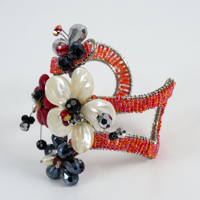 Vintage Beaded Wire-Wrapped Pearl Floral Statement Cuff Bracelet