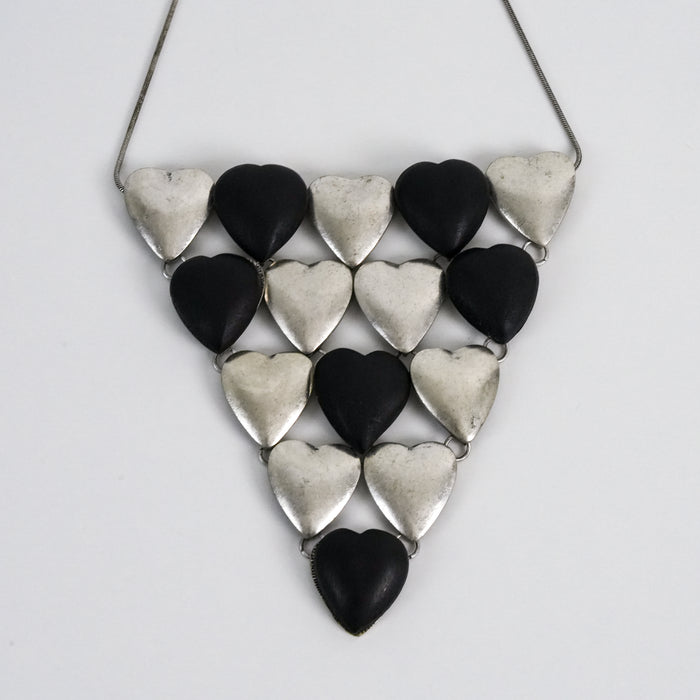 Vintage Silver-Tone Black & Silver Heart Statement Bib Necklace