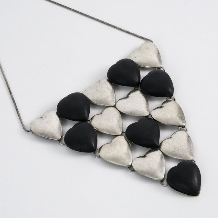 Vintage Silver-Tone Black & Silver Heart Statement Bib Necklace