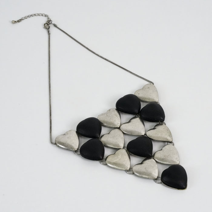 Vintage Silver-Tone Black & Silver Heart Statement Bib Necklace