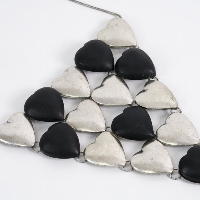 Vintage Silver-Tone Black & Silver Heart Statement Bib Necklace